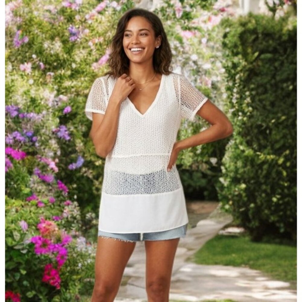LYSSE Crochet Layered Top Short Sleeve Boho V-Neck Blouse Minimalist High-Low